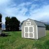 Lofted Barn 10x20, Double Barn Doors, Pewter Cast Siding, and Charcoal Metal Roof.