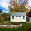 Lofted Barn 10x16, 2x3 windows, Double Barn Doors with windows, Eaglet Beige, and Burnished Metal Roof.